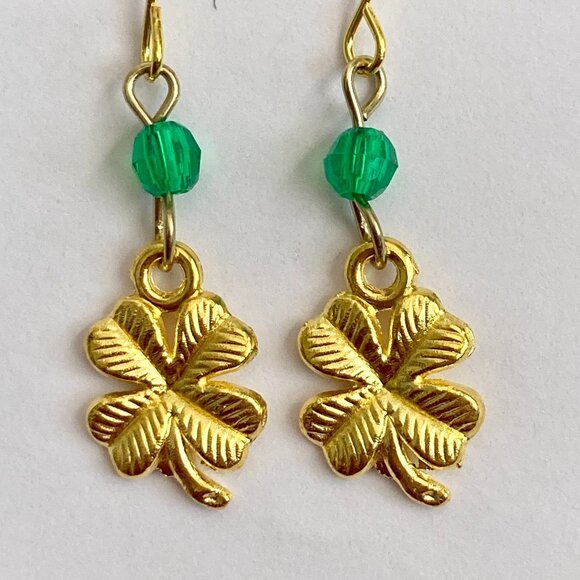 Shamrock Earrings Gold Plated Irish 4 Leaf Clover Luck Celtic St. Patricks Day - Picture 2 of 7